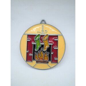 Vtg. Fireplace Christmas Faux Look Stained Glass Plastic Ornament 4"